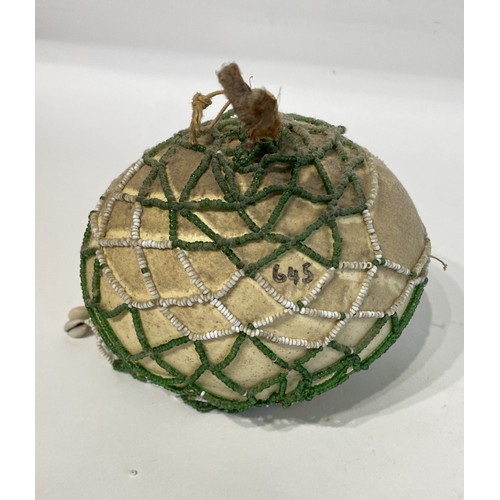 71 - Similar to Previous Lot. Antique Netted Ostrich Egg With Traded Bead Decoration.. 23cm x 16cm x 13cm