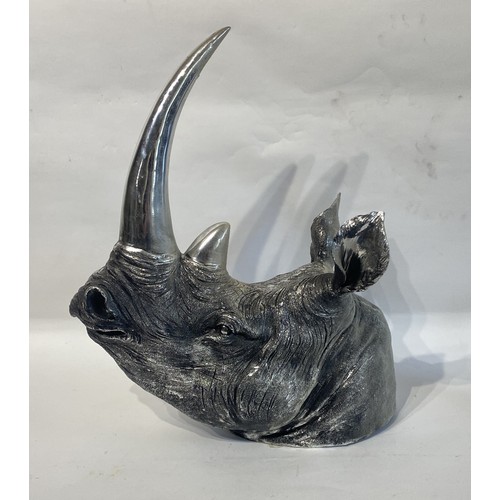 108 - Reproduction Silver coloured Rhinoceros Mount. 51cm x 43cm x 21cm