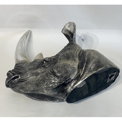 108 - Reproduction Silver coloured Rhinoceros Mount. 51cm x 43cm x 21cm