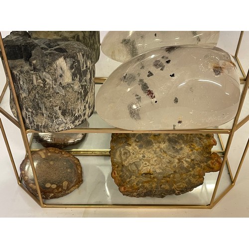 328 - Glass Open Case Of Minerals Etc To Include Quartz , A Nice Piece Of Ocean Jasper , Along With A Enca... 