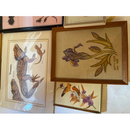 347 - Various Natural History Related Art Work. To Include Needlework Featherwork Etc.