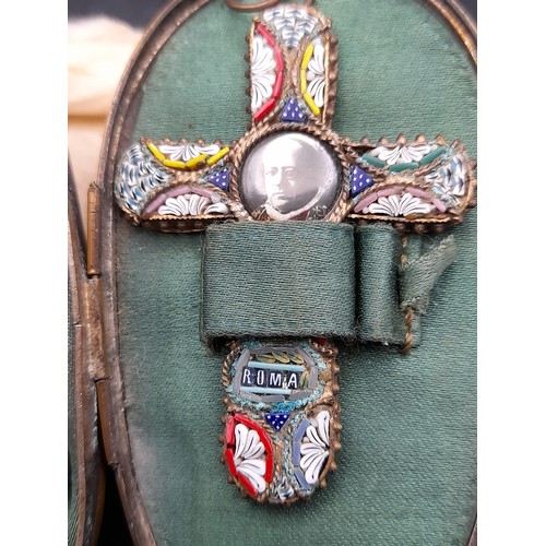 353 - An Egg Shaped Box of Mother of Pearl opening up to reveal a Micro Mosaic Cross with Brass Back 5cm l... 