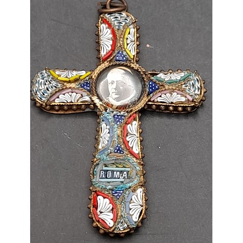 353 - An Egg Shaped Box of Mother of Pearl opening up to reveal a Micro Mosaic Cross with Brass Back 5cm l... 