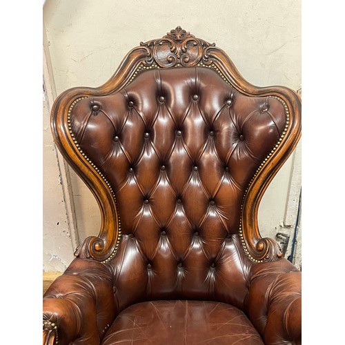 27 - Carved Wood Leather Library Chesterfield Chair.