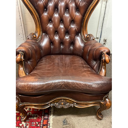 27 - Carved Wood Leather Library Chesterfield Chair.