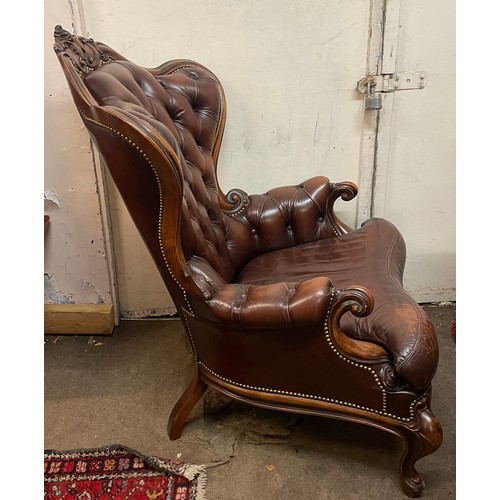 27 - Carved Wood Leather Library Chesterfield Chair.