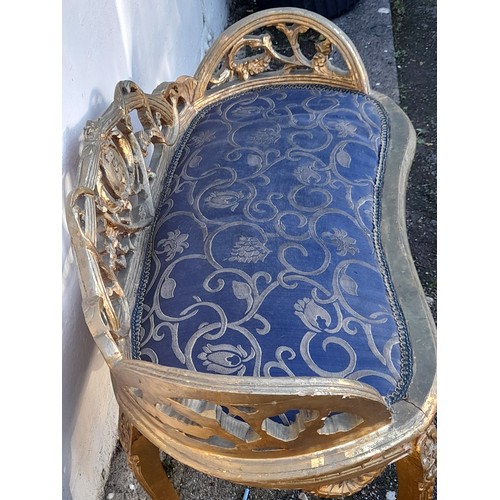 55 - Blue Upholstered Sofa /Window Seat  with Gilt Frame, 100cm long x 63cm high