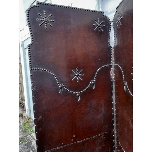 56 - Three Fold Folding screen with embossed leather cover 184cm high x Each Fold 51cm