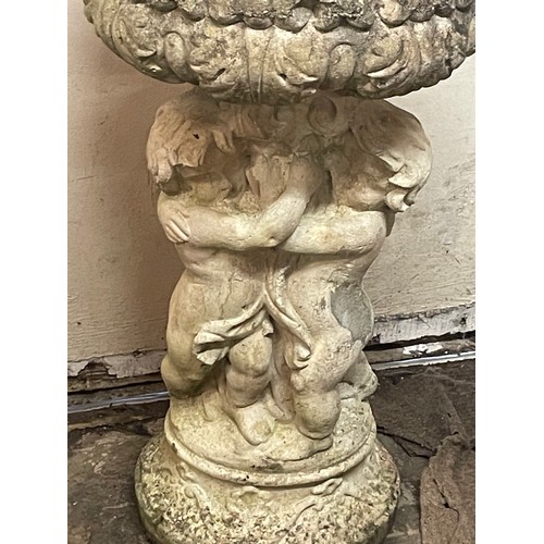 60 - Reconstituted Garden Bird Bath With Cherub Decoration. 38 x 66 cms