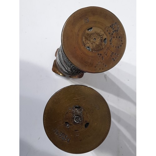 1 - Pair Of Brass Trench Art Shells / Vases, 27cm (2)