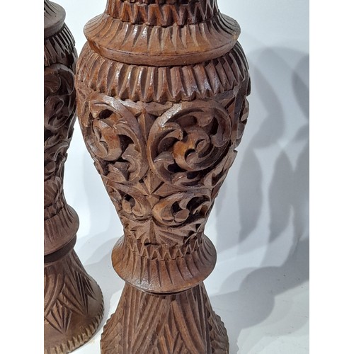 5 - Pair  of Austrian turned and carved wooden vases 38cm high