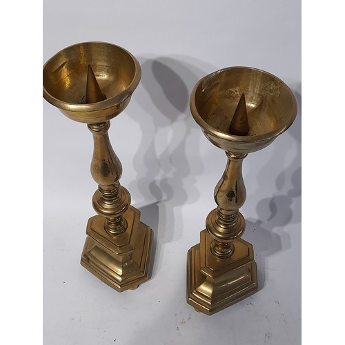 14 - Pair of Brass Church Pricket Candlesticks 30cm high