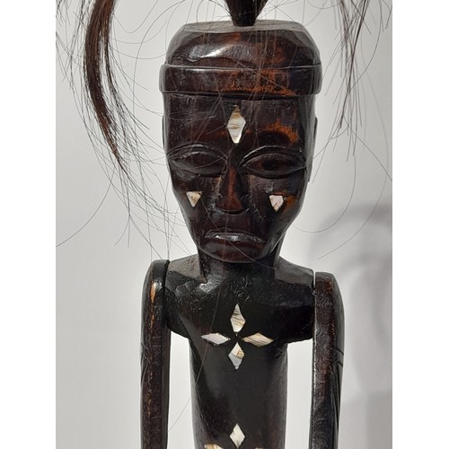 28 - Vintage Carved Wood Tribal Figure With Bone Inlay 44cm high