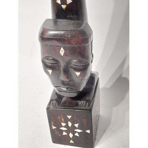 28 - Vintage Carved Wood Tribal Figure With Bone Inlay 44cm high