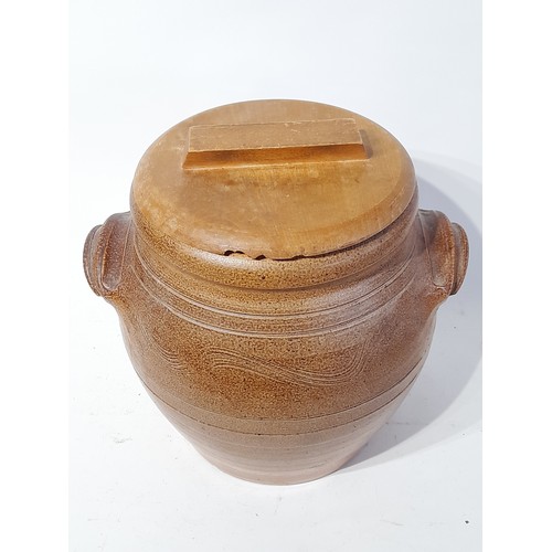 41 - 2 Handled stoneware Pot with Wooden lid, 34cm high x 32cm wide