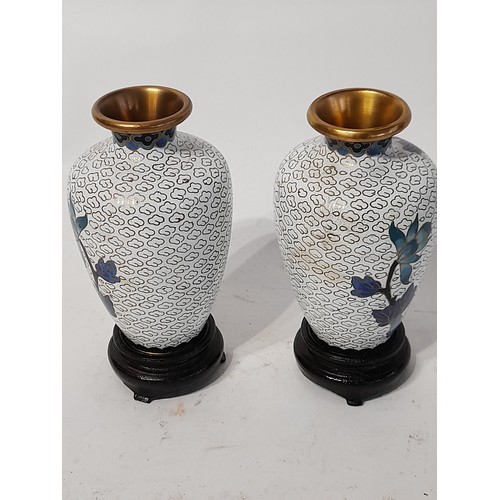 53 - Pair of small Cloisonne vases on wood stands, 13cm high (2)