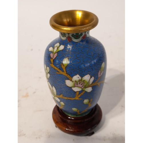 54 - Small Cloisonne Vase on wood stand, 10cm high