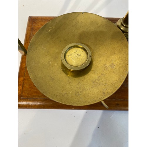 103 - Large Brass Vintage Scales Mounted on Wooden Plinth. 60cm x 55cm