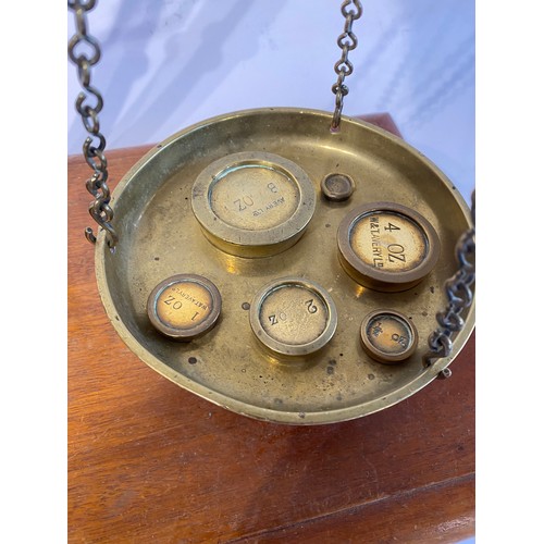 103 - Large Brass Vintage Scales Mounted on Wooden Plinth. 60cm x 55cm