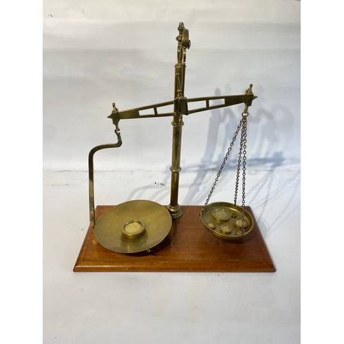 103 - Large Brass Vintage Scales Mounted on Wooden Plinth. 60cm x 55cm