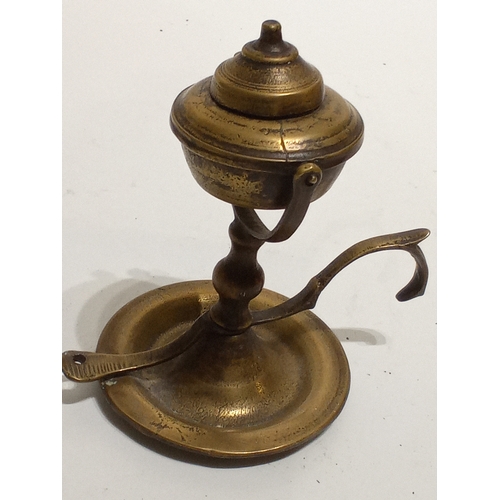 98 - Antique  brass gimbal oil lamp 13cm high