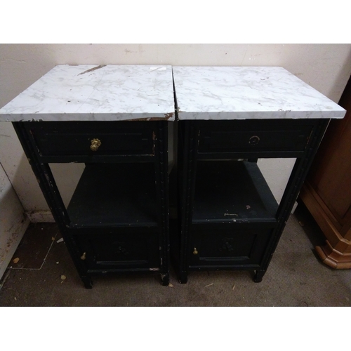 209 - A Pair of bedside cabinets having marble tops (covered in fablon) and painted black, 41.5cm X 41.5cm... 