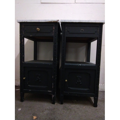 209 - A Pair of bedside cabinets having marble tops (covered in fablon) and painted black, 41.5cm X 41.5cm... 