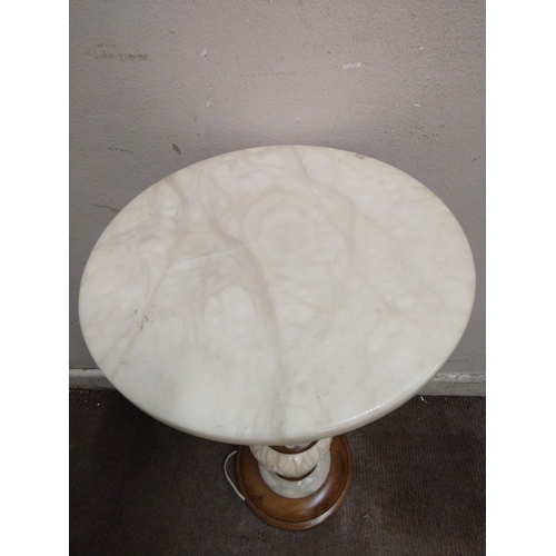 213 - Alabaster and wood pedestal having a light fitting inside, 79cm high X 32cm dia top