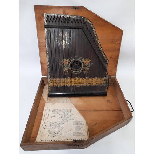 124 - Antique  Zither in Box  with some Music Sheets