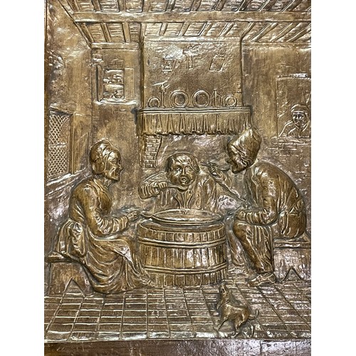 123 - Large Continental  Metal Plaque The Scene Depicting Three People in A Tavern  54cm x 64cm