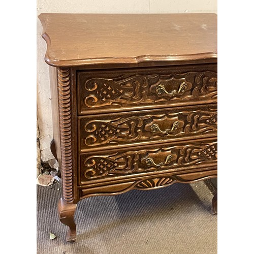 1 - French Carved Decorated Front  Chest Of Three Drawers. 70 x 43 x 72 cms