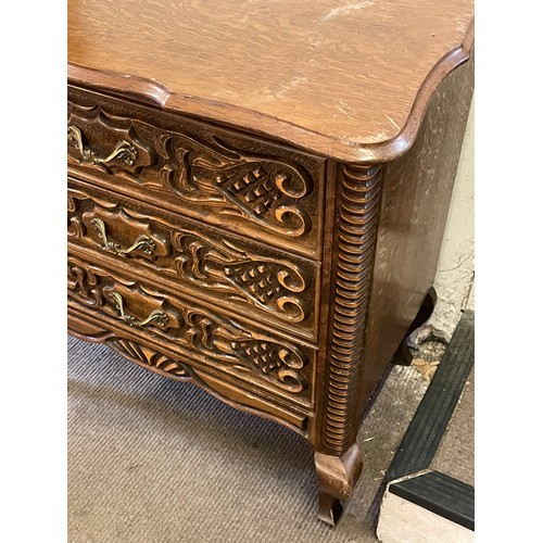 1 - French Carved Decorated Front  Chest Of Three Drawers. 70 x 43 x 72 cms