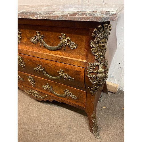 4 - Vintage Marble Top French Bombe Commode With Decorated Brass Work. 133 x 53 x 93 cms