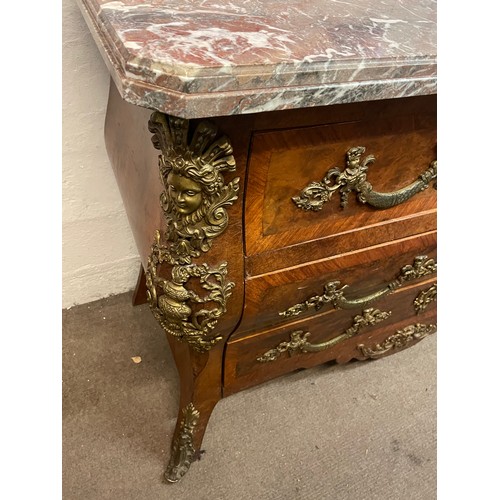 4 - Vintage Marble Top French Bombe Commode With Decorated Brass Work. 133 x 53 x 93 cms