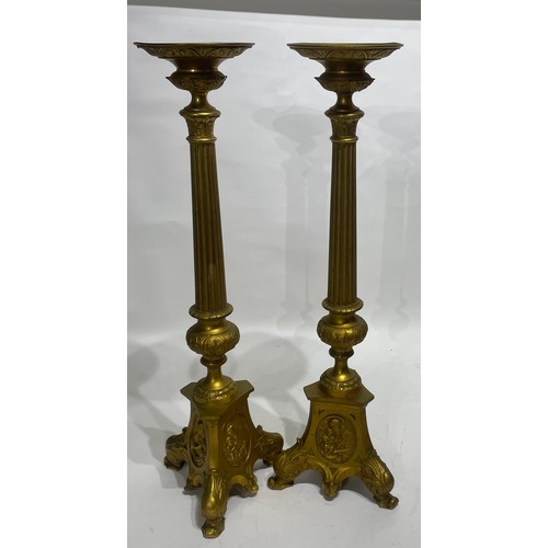 313 - Large Pair Of Church Pricket Candlesticks In Brass 70cms High (2)