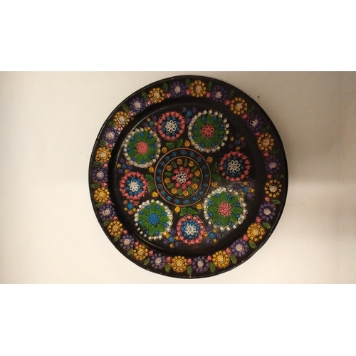 246 - Spanish terracotta painted plate 35cm dia with pressed design