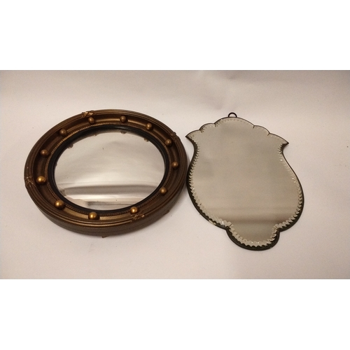 247 - 2 x vintage mirrors, 1x framed round convex 25cm dia and a shield shaped bevel edge mirror 30cm long