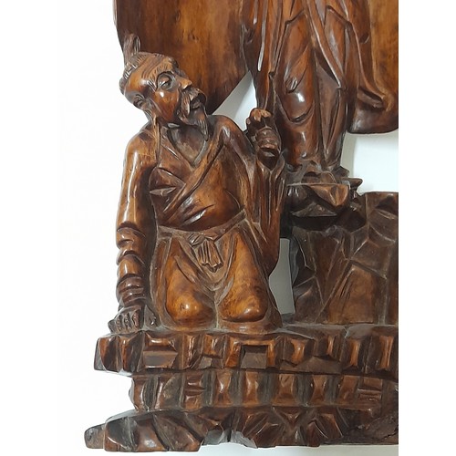 221 - Vintage Oriental/Asian wood carving of an Angel figure standing over an Old Man, 42cm high