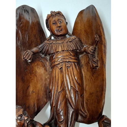 221 - Vintage Oriental/Asian wood carving of an Angel figure standing over an Old Man, 42cm high