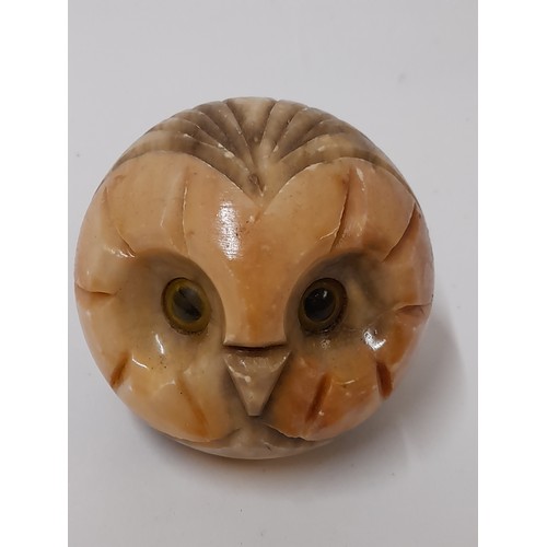 249 - Vintage Hand carved Alabaster owl head 8cm dia