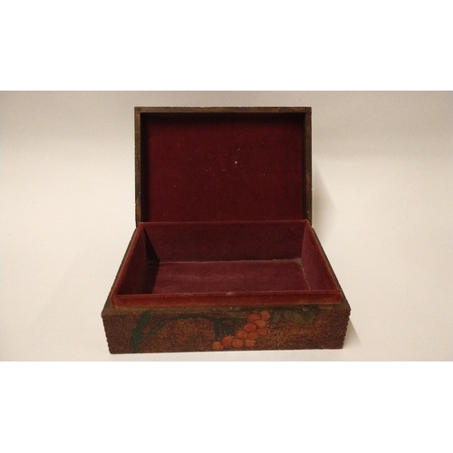 252 - Wooden box with decoration of leaves and berry's and red velvet interior

, 19cm x 13cm x 7cm