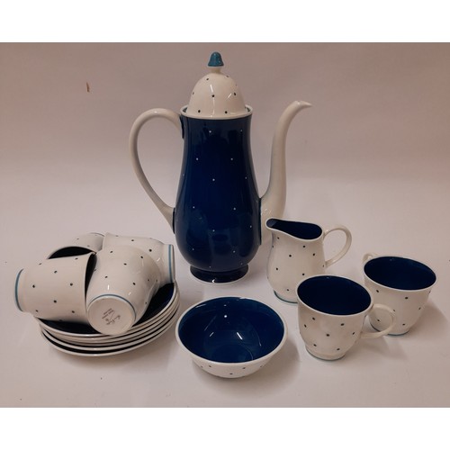 288 - Susie Cooper Coffee Set Raised Blue Dot comprising of Coffee Pot, Milk Jug, Sugar Bowl 6 Cups and Sa... 