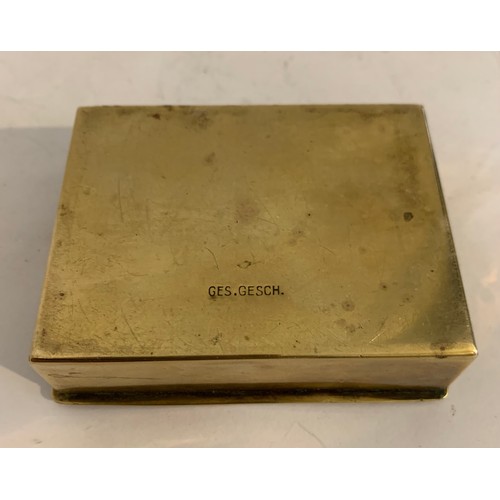 131 - Antique German Brass And Silver Plate Stamp Box Signed GES.GESCH
8.5 x 6.5 x 2.5 cms h