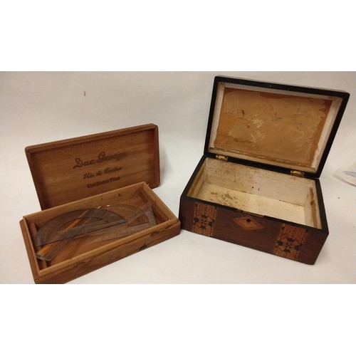 319 - A inlaid wooden trinket box 24cm x 17cm x 11 Along With  a cigar box with contents