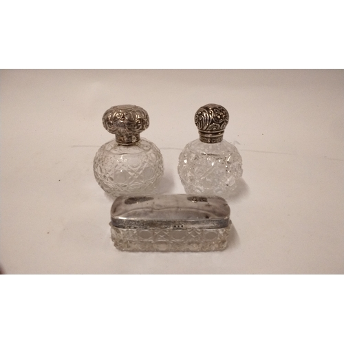 244B - 3 x silver top glass dressing table items with Hallmarks (3)