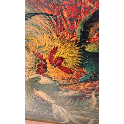 347 - Large framed print on board of Fighting Cocks by Vladimir Tretchicoff, 71cm x 68cm