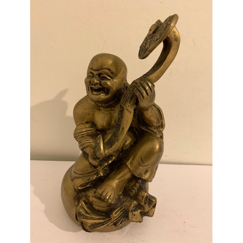 Large Brass Statue Of A Laughing Buddha Holding A Ceremonial Staff 20 cms h