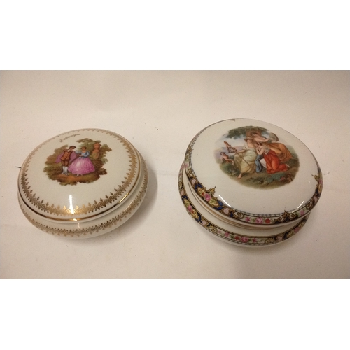 735 - 2 x Ceramic trinket boxes With Classical Decoration, largest 13cm dia x 8cm high