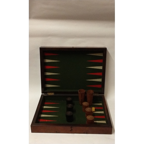 737 - Vintage backgammon game box with oyster veneer cross banded. Treen counters, 15 black, 15 whiteand l... 