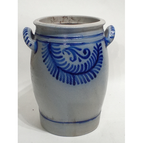 692 - Large Vintage glazed ceramic storage jar with blue fern decoration and two handles 36cm high